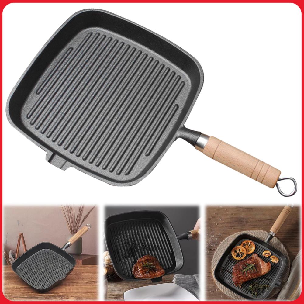 Camping Cooking Cast Iron - مقلاة شواء من الحديد بمقبض خشبي