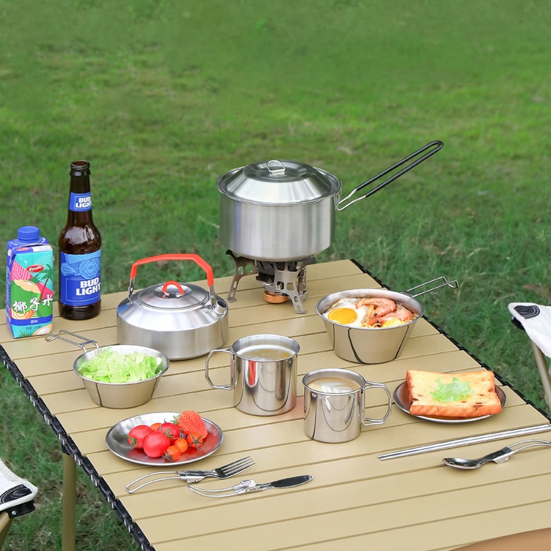 رائجة البيع 304 الفولاذ المقاو - مراجعة Camping Cooking Mess Kit وسعره